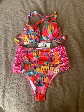 Sporlike Pink Multicolor High-Waist Bikini Set